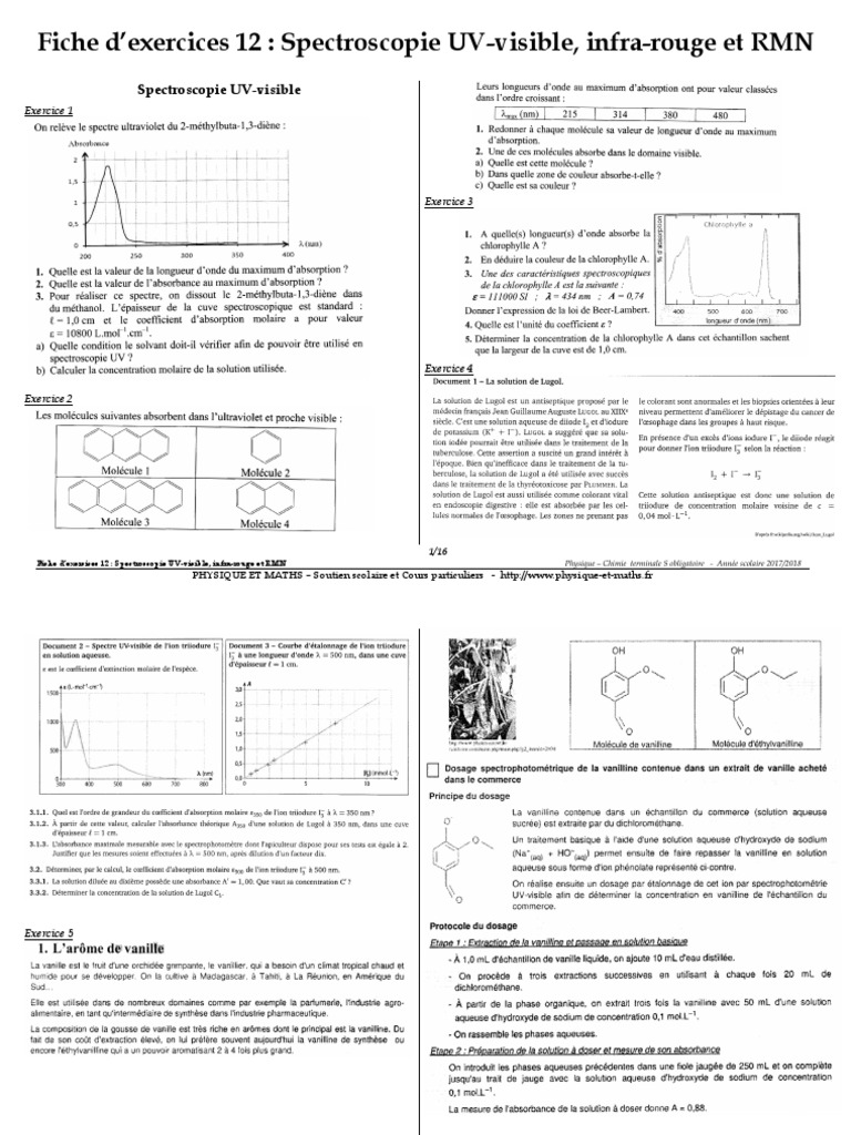 Dosage De La Vanilline Exercice Corrigé Chapitre12-Exercice Spectroscopie | PDF | Spectroscopie ultraviolet-visible  | Spectroscopie RMN