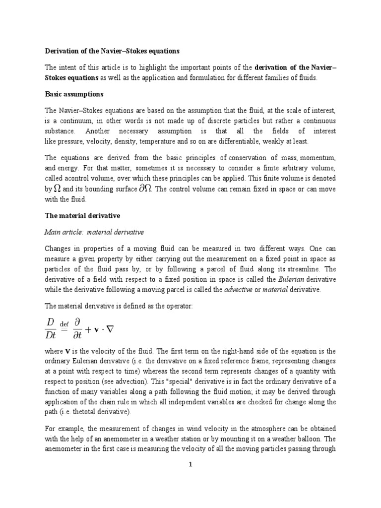 Derivation of The Navier | PDF | Navier–Stokes Equations | Viscosity