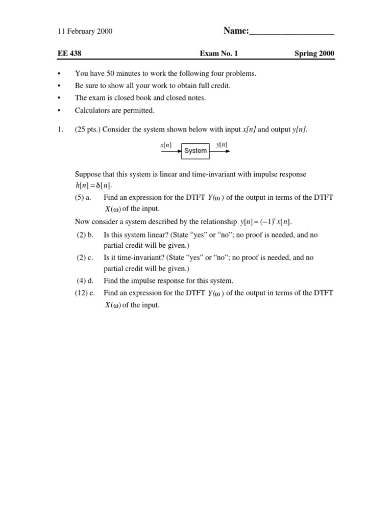 Digital Signal Processing Exam Covering Linear, TimeInvariant Systems