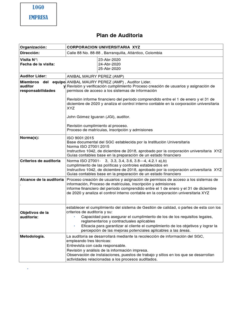 Plan y Programa de Auditoria Corporacion Xyz | PDF | Auditoría | Contralor