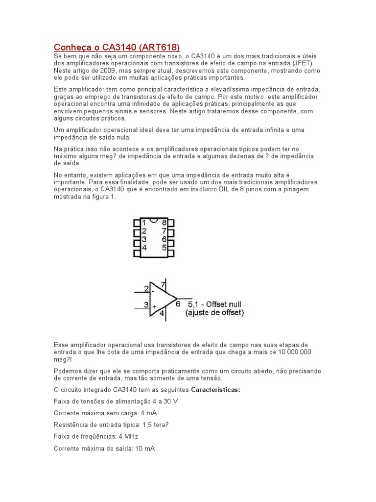 Conheça o CA3140 | PDF | Amplificador operacional | Rede elétrica