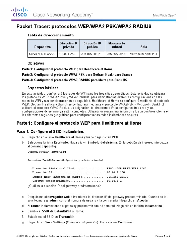 3.3.2.7 Packet Tracer WEP WPA2 PSK WPA2 RADIUS PDF Dirección IP