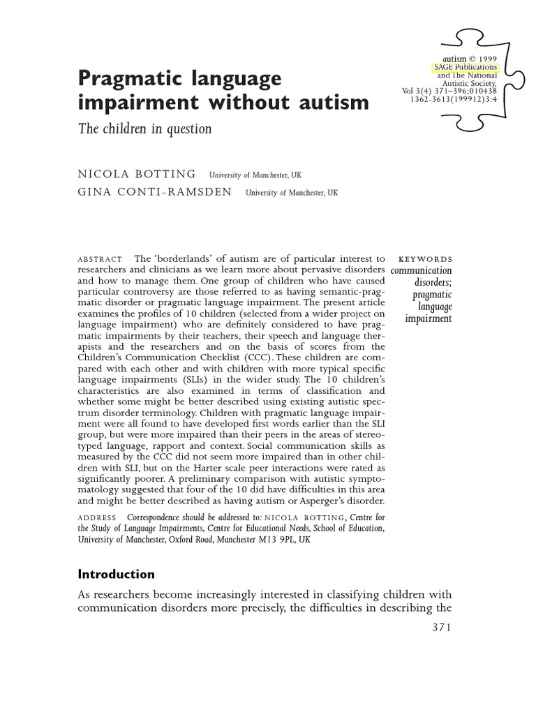 Pragmatic Language Impairment Without Autism: The Children in Question ...