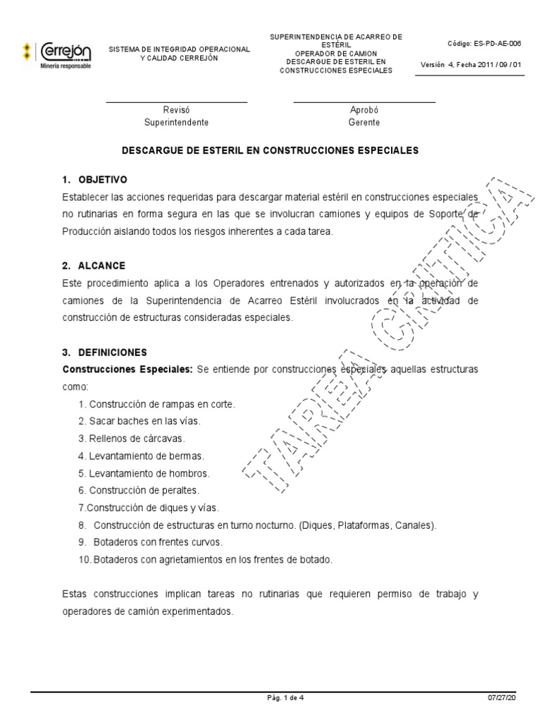 3 Es Pd Ae 006 Descargue De Esteril En Construcciones Especiales