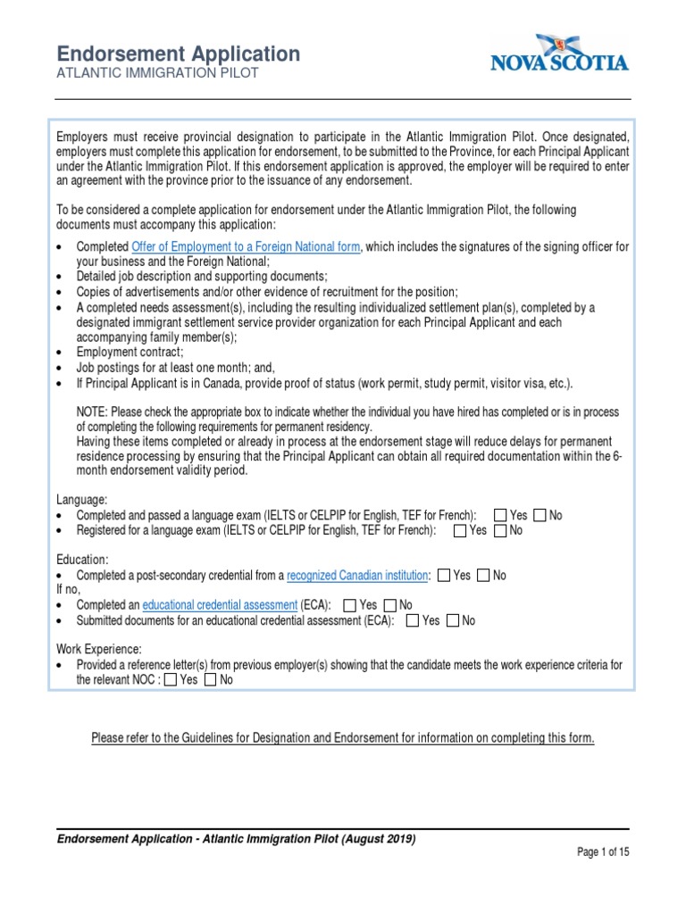 Endorsement Application: Atlantic Immigration Pilot | PDF 