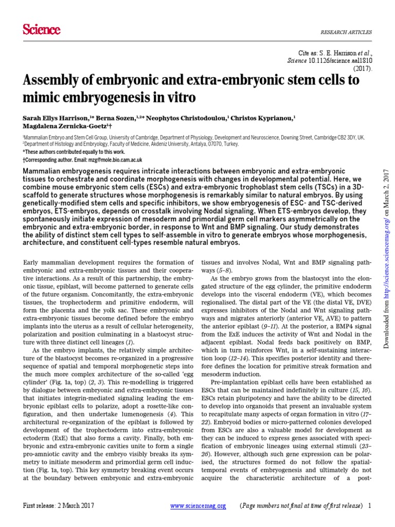 (Harrison Et Al., 2017) Assembly of Embryonic and Extra-Embryonic Stem ...