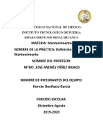 MATERIA: Mantenimiento NOMBRE DE LA PRÁCTICA: Definición de Mantenimiento Nombre Del Profesor: Mtro. José Andrés Yáñez Ramos