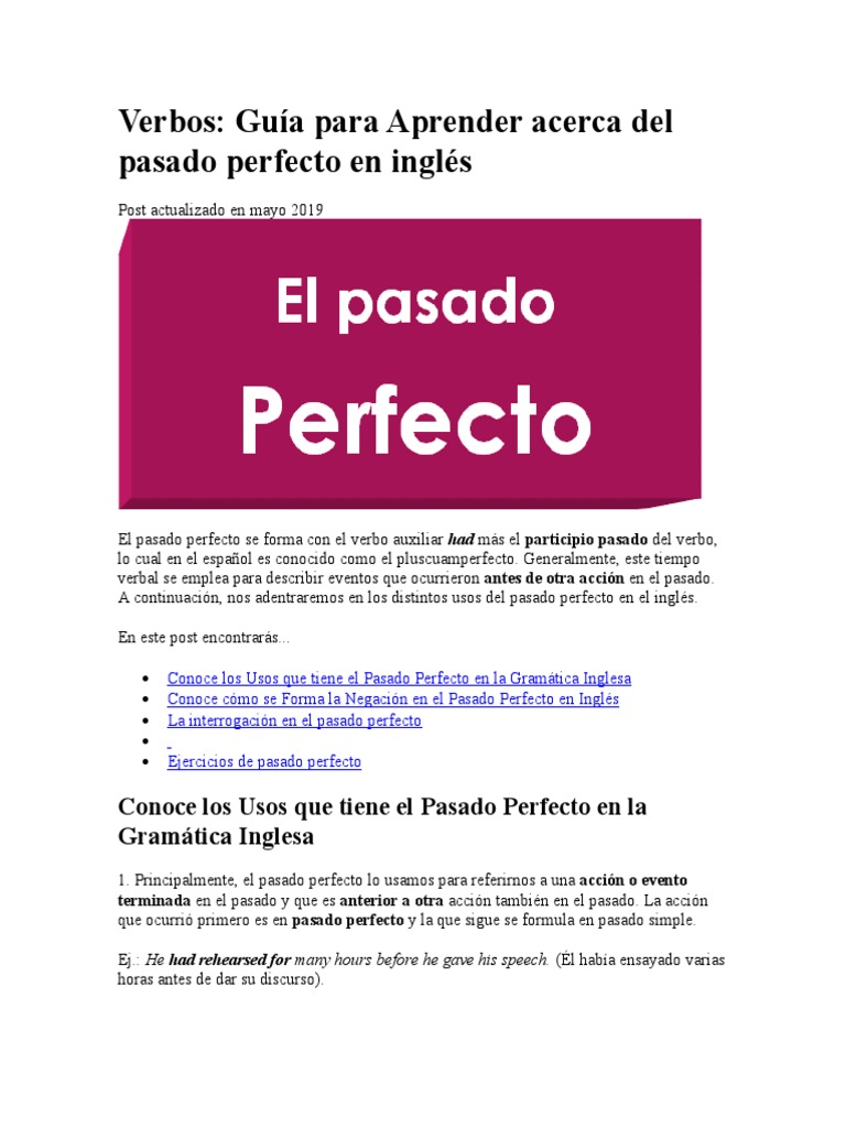Guía del Pasado Perfecto en Inglés | PDF | Gramática inglesa | Verbo