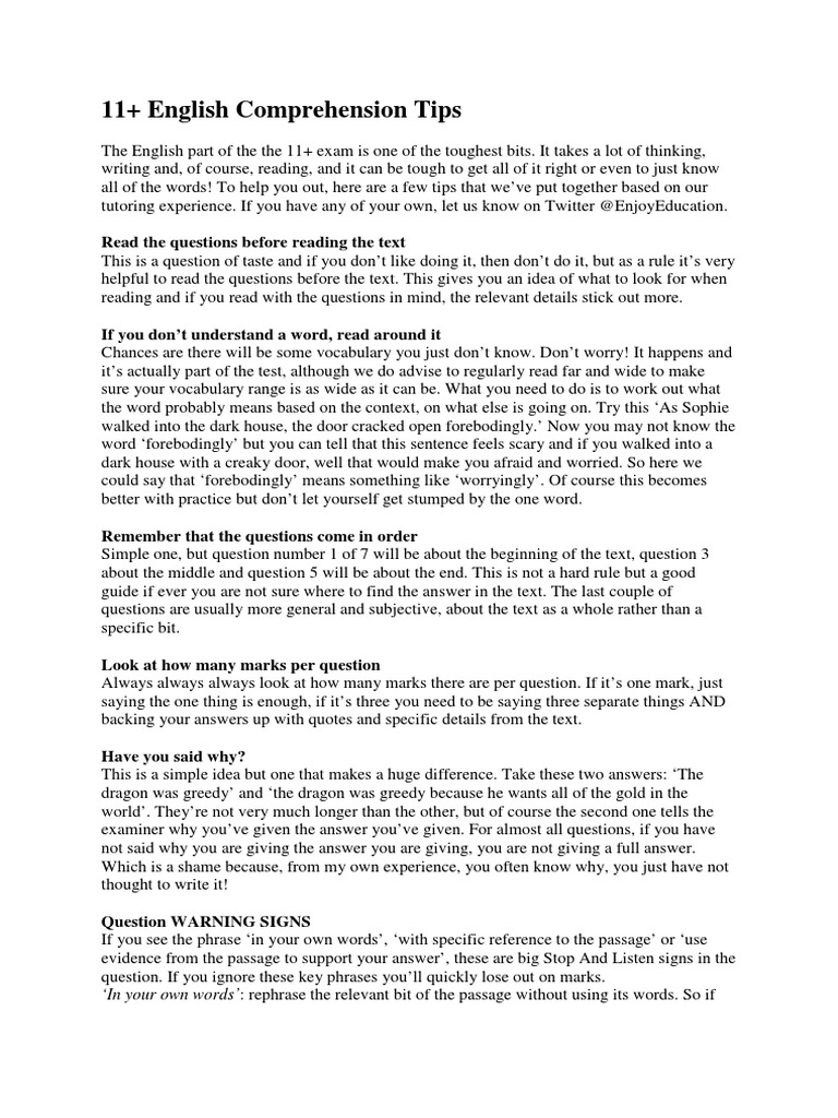 11+ English Comprehension Strategies | PDF | Question | Reading ...