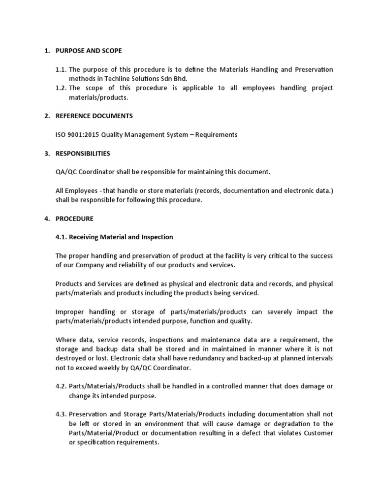 Materials Handling Procedures Guide | PDF | Quality Assurance ...