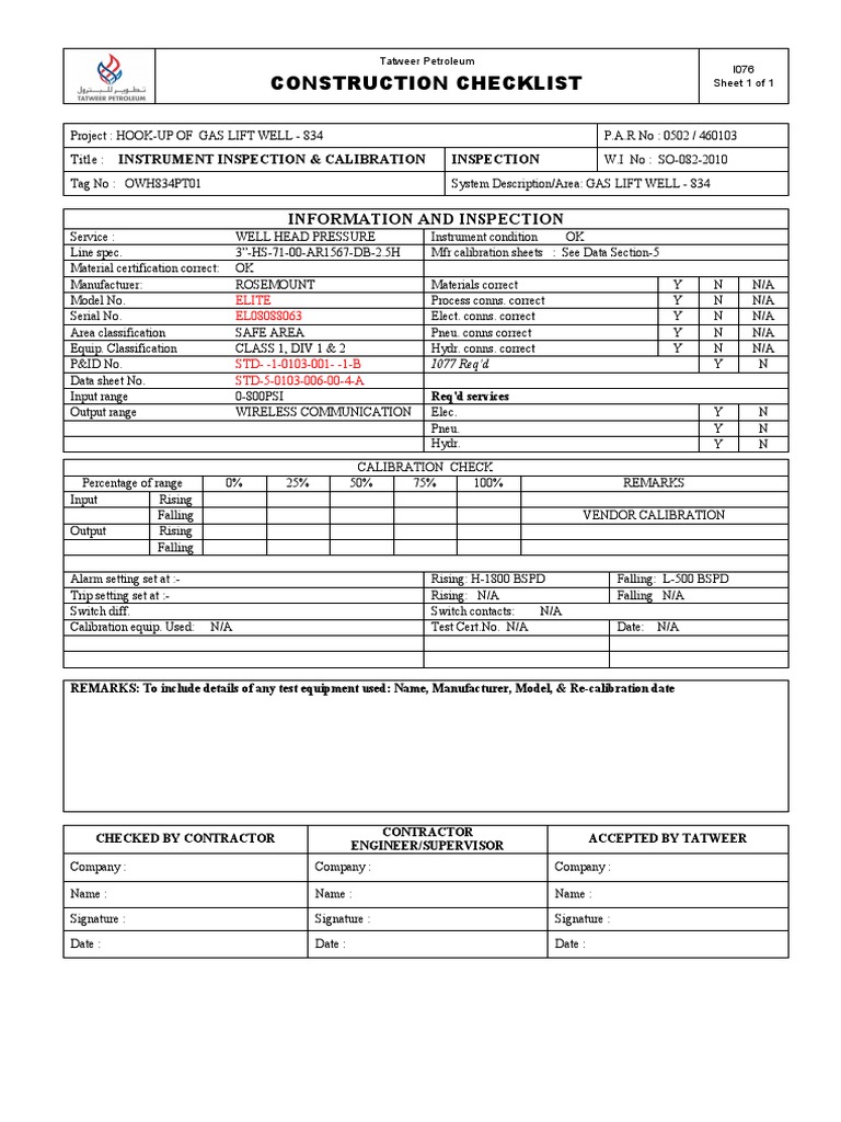 Construction Checklist: Information and Inspection | PDF | Calibration