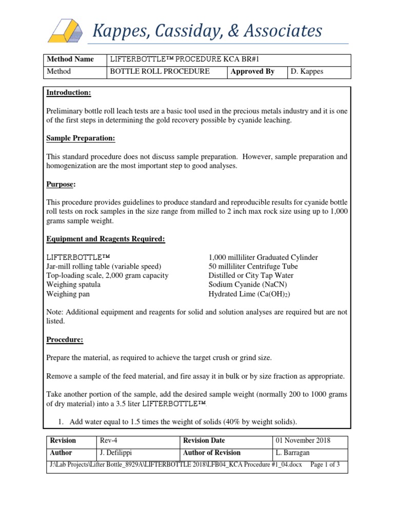 Cyanide Bottle Rolled Test Procdure PDF Filtration Cyanide
