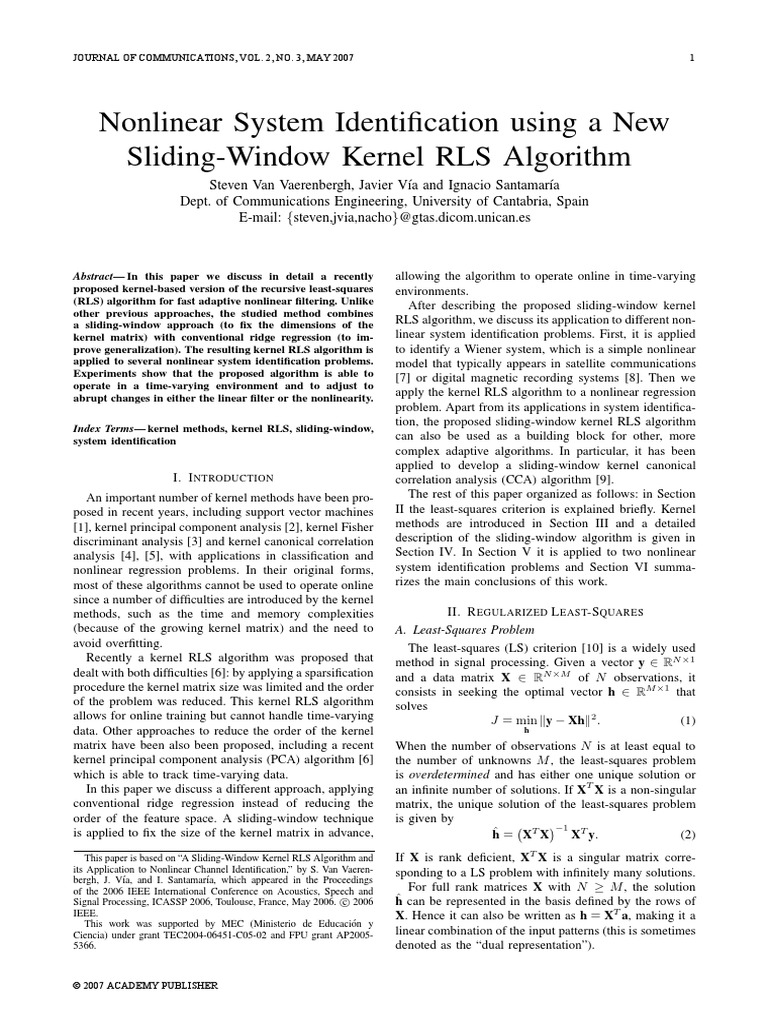 Nonlinear System Identification Using A New Sliding-Window Kernel RLS ...