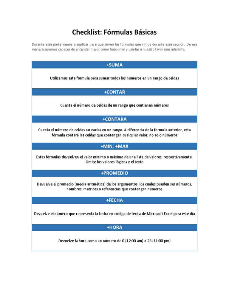 Checklist Formulas Basicas | PDF