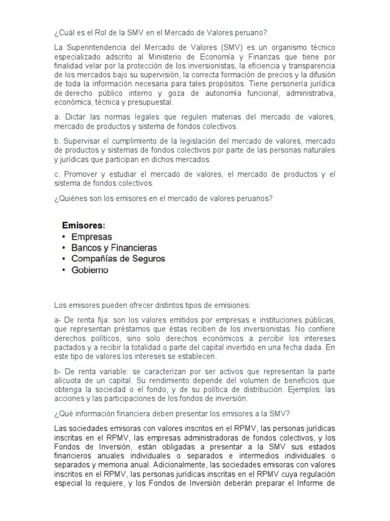 Funciones de la SMV en Perú | PDF | Bolsa de Valores | Mercado (economía)