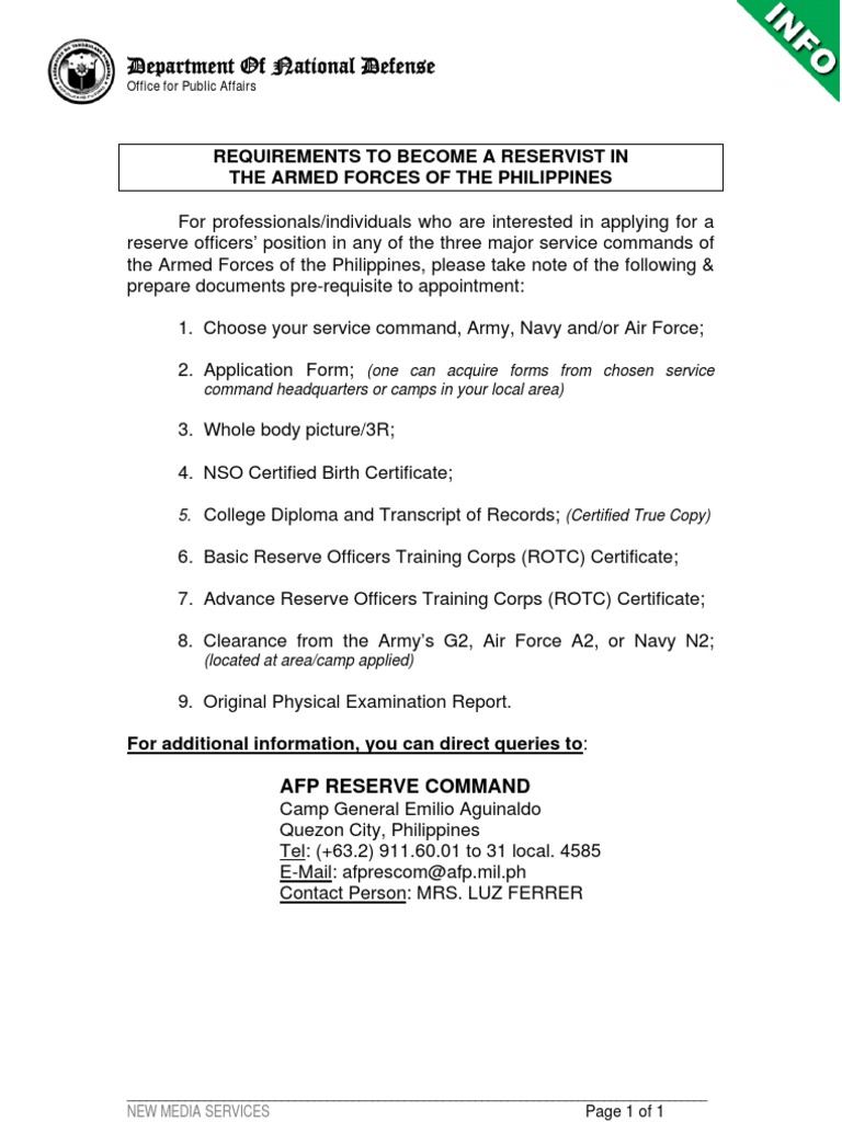 AFP Reservist Application Requirements | PDF