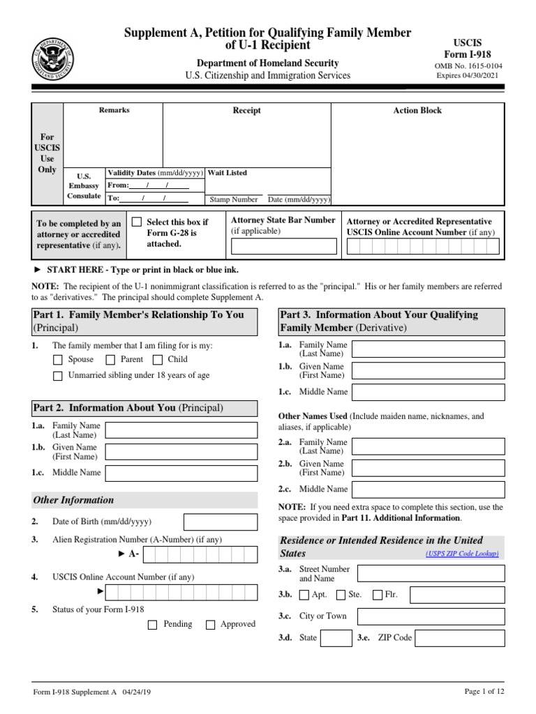 Supplement A, Petition For Qualifying Family Member of U-1 Recipient ...