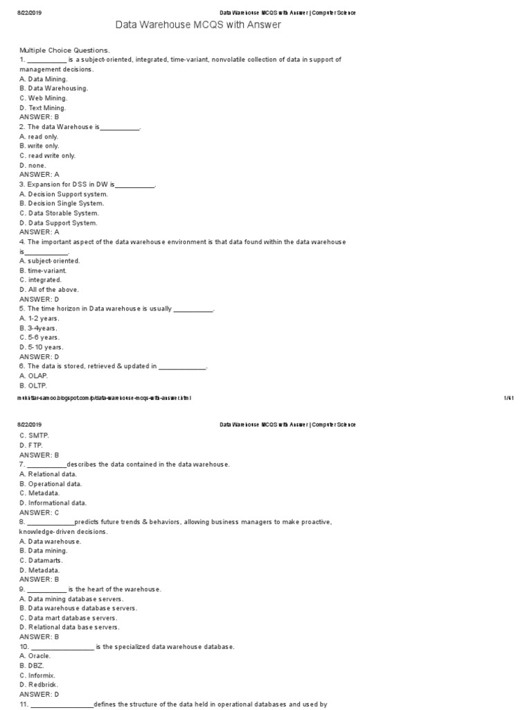 Data Warehouse MCQs and Answers | PDF | Data Warehouse | Neuron