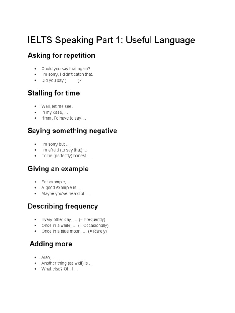 IELTS Speaking Part 1 Language Guide | PDF