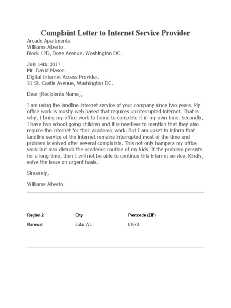 Complaint Letter To Service Provider PDF Computer