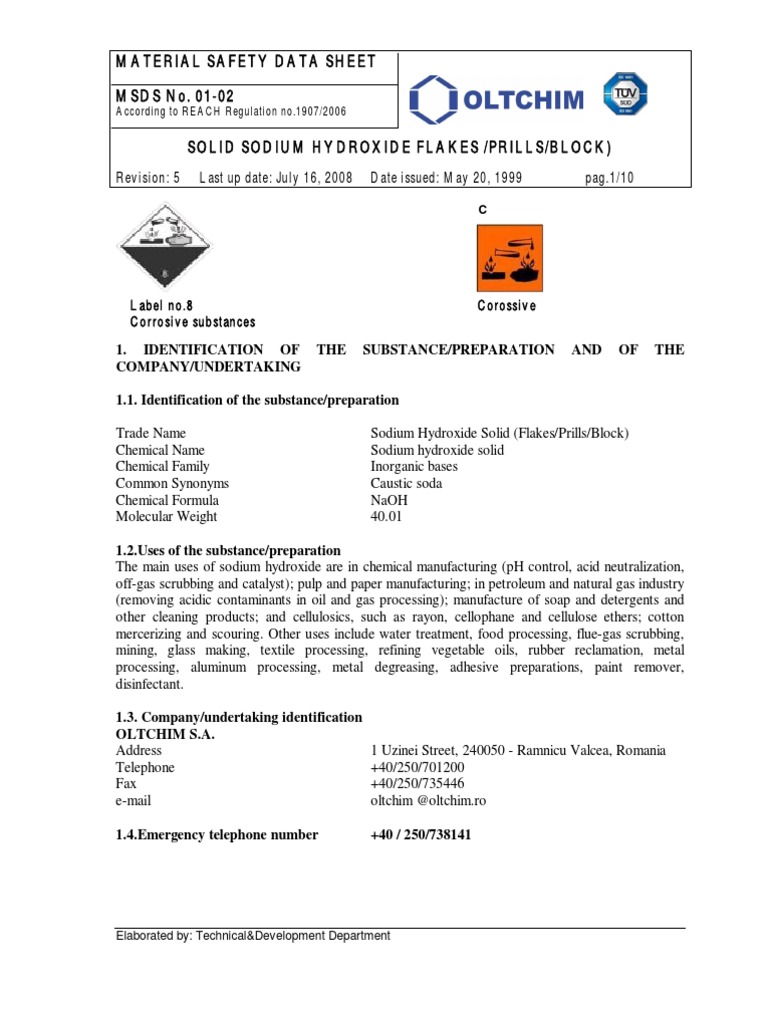 MSDS Caustic Soda Sodium Hydroxide Dangerous Goods