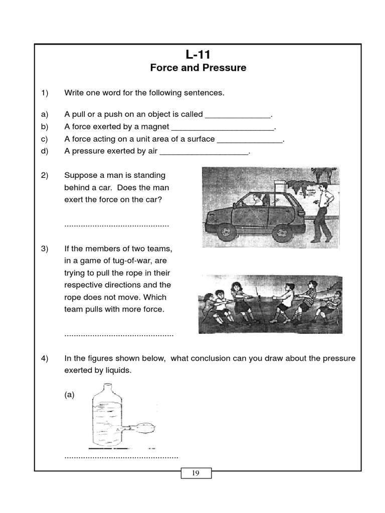 Class 8 Force and Pressure Worksheet | PDF