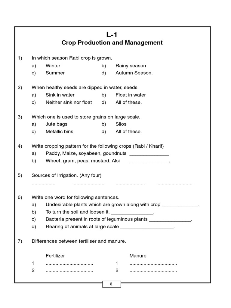 Class 8 Science Worksheet Crop Production and Management PDF