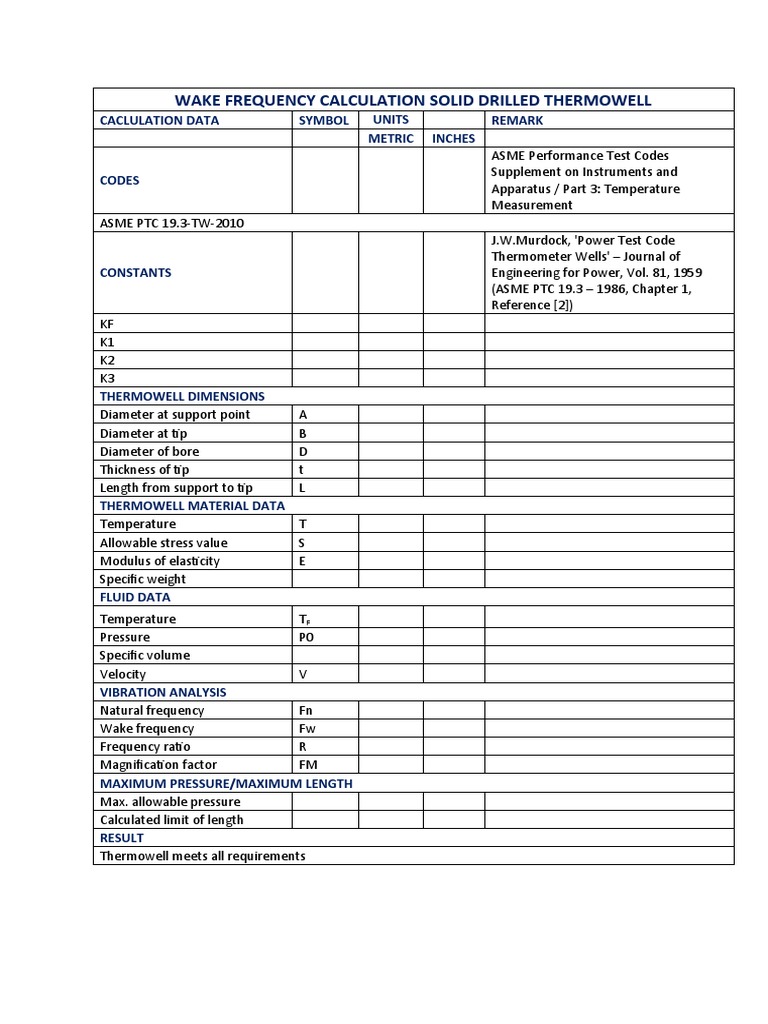 Wake Frequency Calculation Thermowell PDF