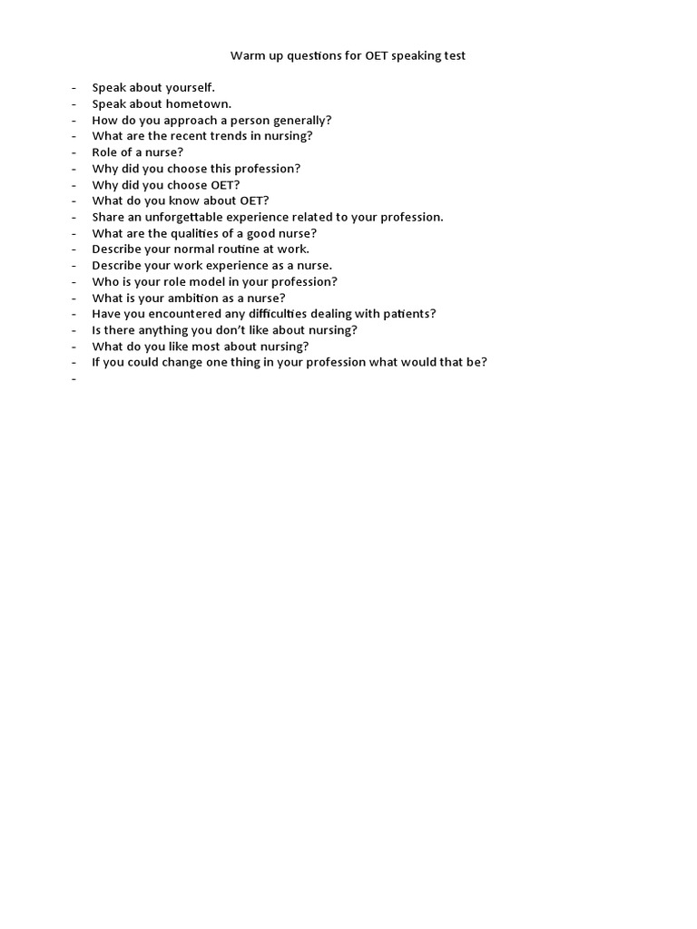 Warm Up Questions For Oet Speaking Test Pdf