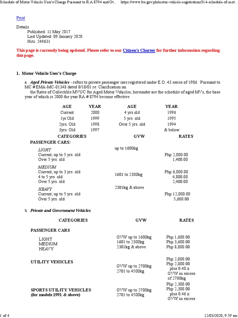 LTO Car Registration Fees PDF PDF Truck Fee