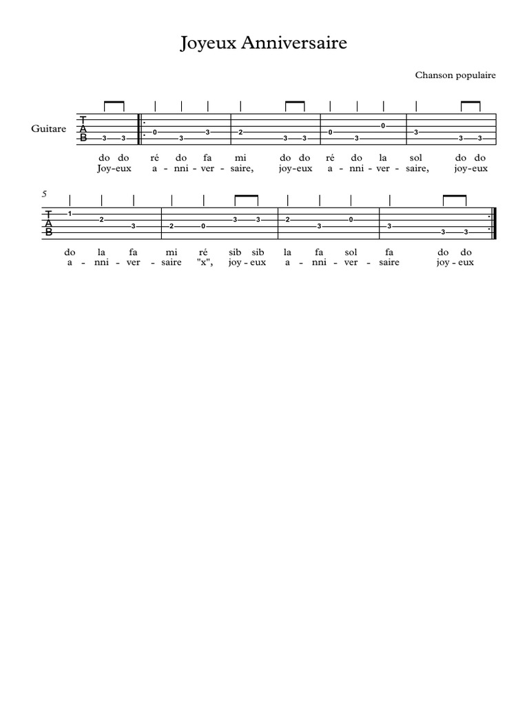 Joyeux Anniversaire Tab F Partition Et Parties Pdf Compositions Musicales Musicologie