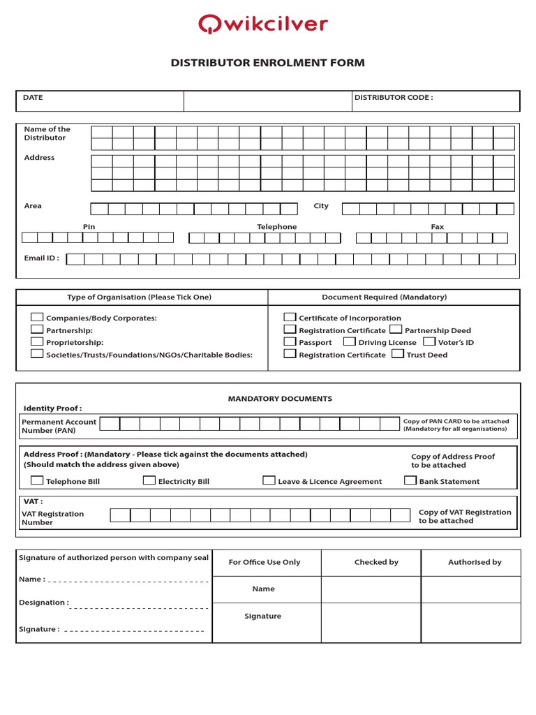 Distributor Enrolment Form Copy of PAN CARD To Be Attached (Mandatory