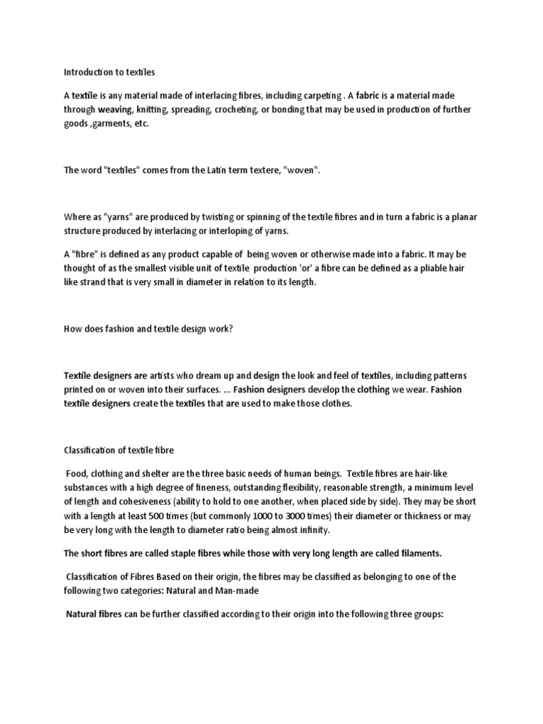 Classification Of Textiles An Introduction To Fibers Fabrics And The