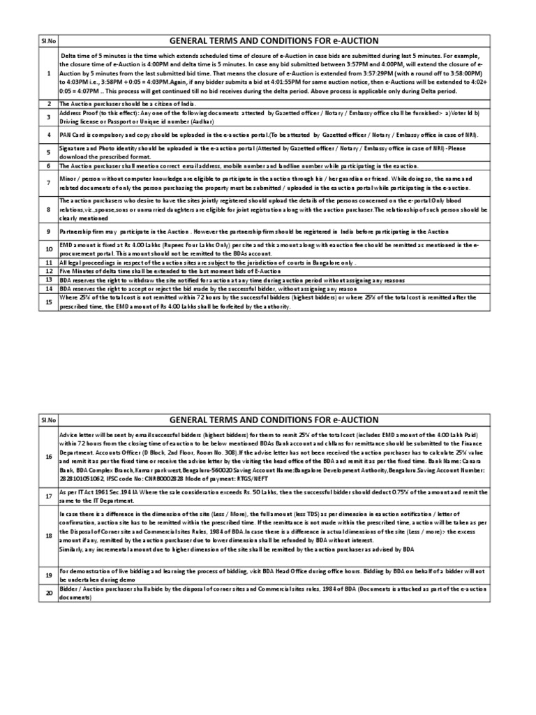BDA e-Auction Terms and Conditions | PDF | Auction | Government