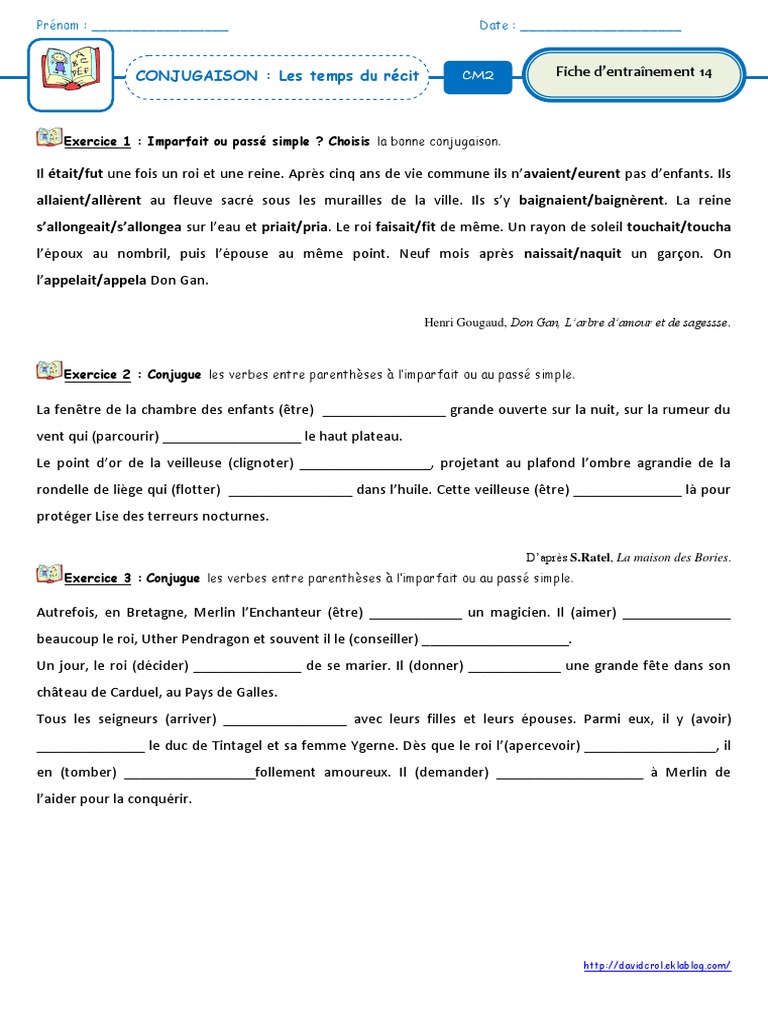 Exercices Passé Simple Cm2 à Imprimer Fiche 14 Les Temps Du Recit PDF | PDF