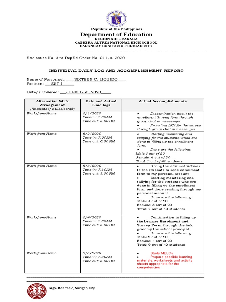 Daily Work Log for June 2020 | PDF | Teaching | Communication