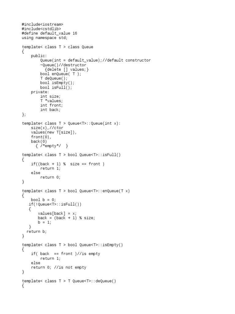 C++ Queue template class implementation PDF