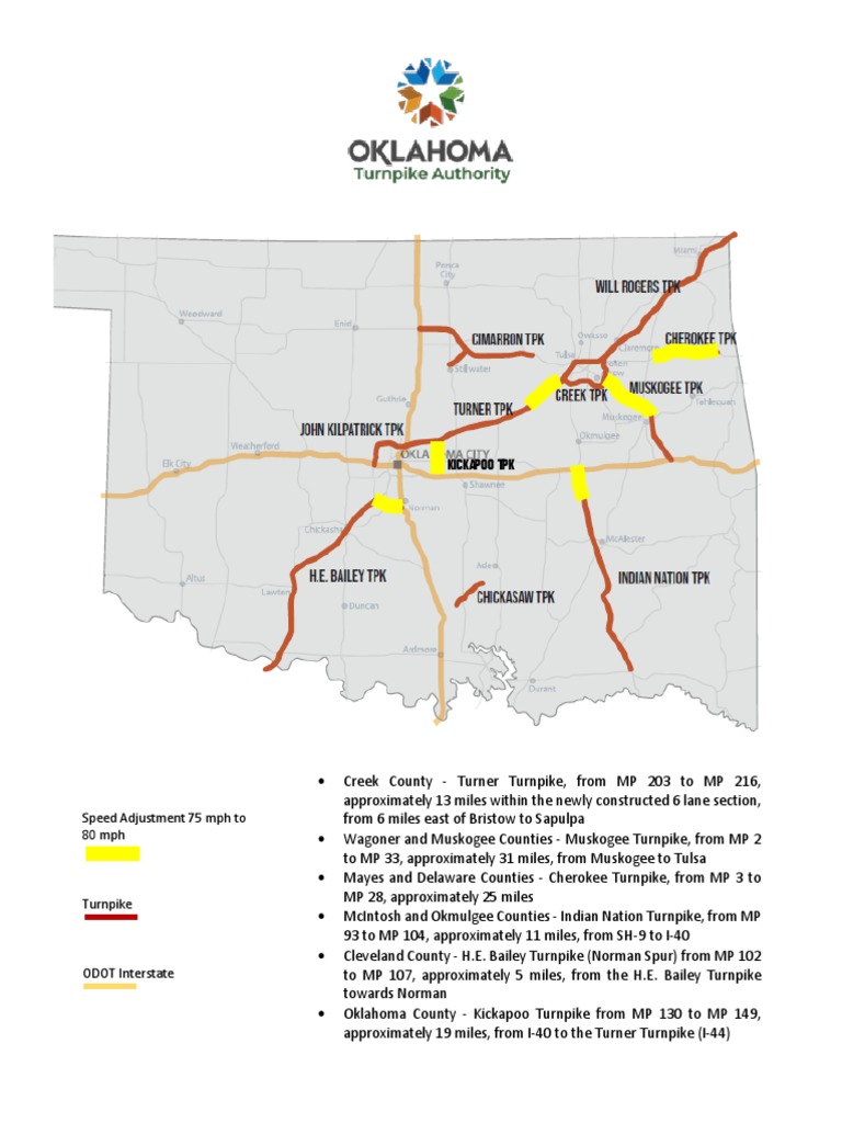 Map of Speed Increases To 80 MPH in Oklahoma PDF