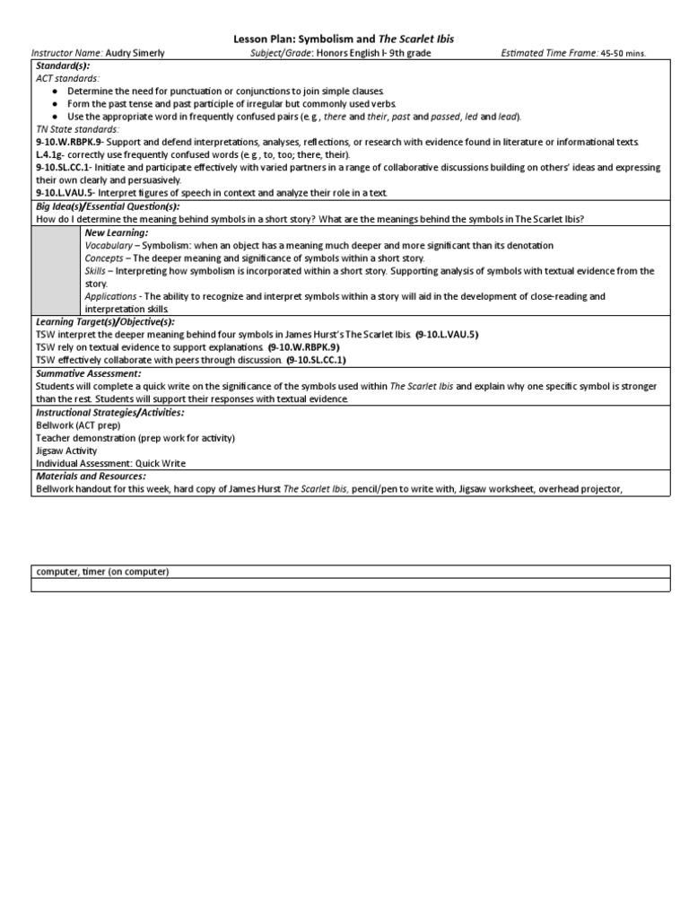 TC Lesson Plan Scarlet Ibis | PDF | Lesson Plan | Word