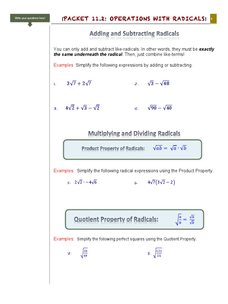 Packet 1 1 2 Operations With Radicals You Can Only Add And Subtract