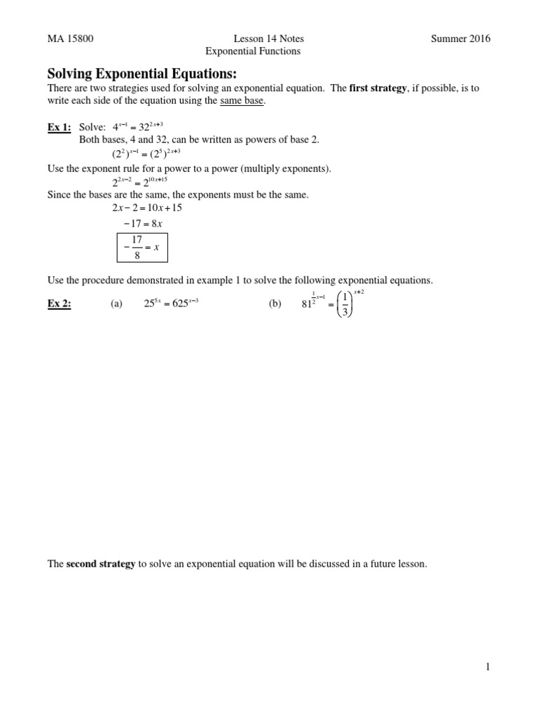 Solving Exponential Equations:: Ex 1: Solve | PDF | Exponential ...