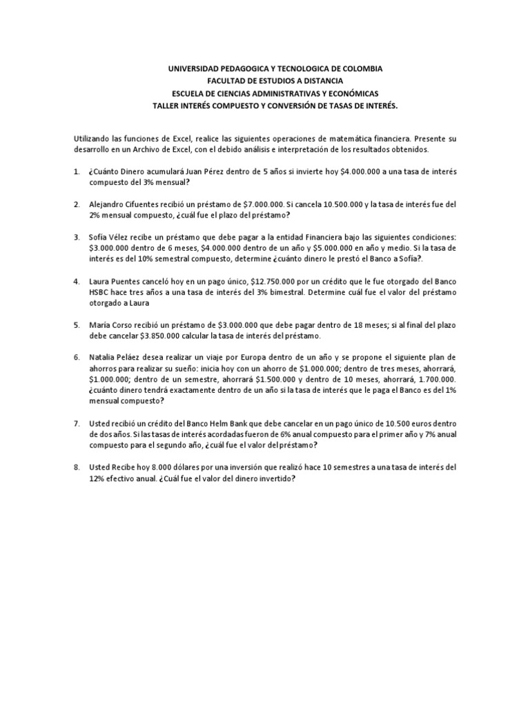 Taller 2 Matematica Financiera PDF | PDF | Tasas de interés | Interés