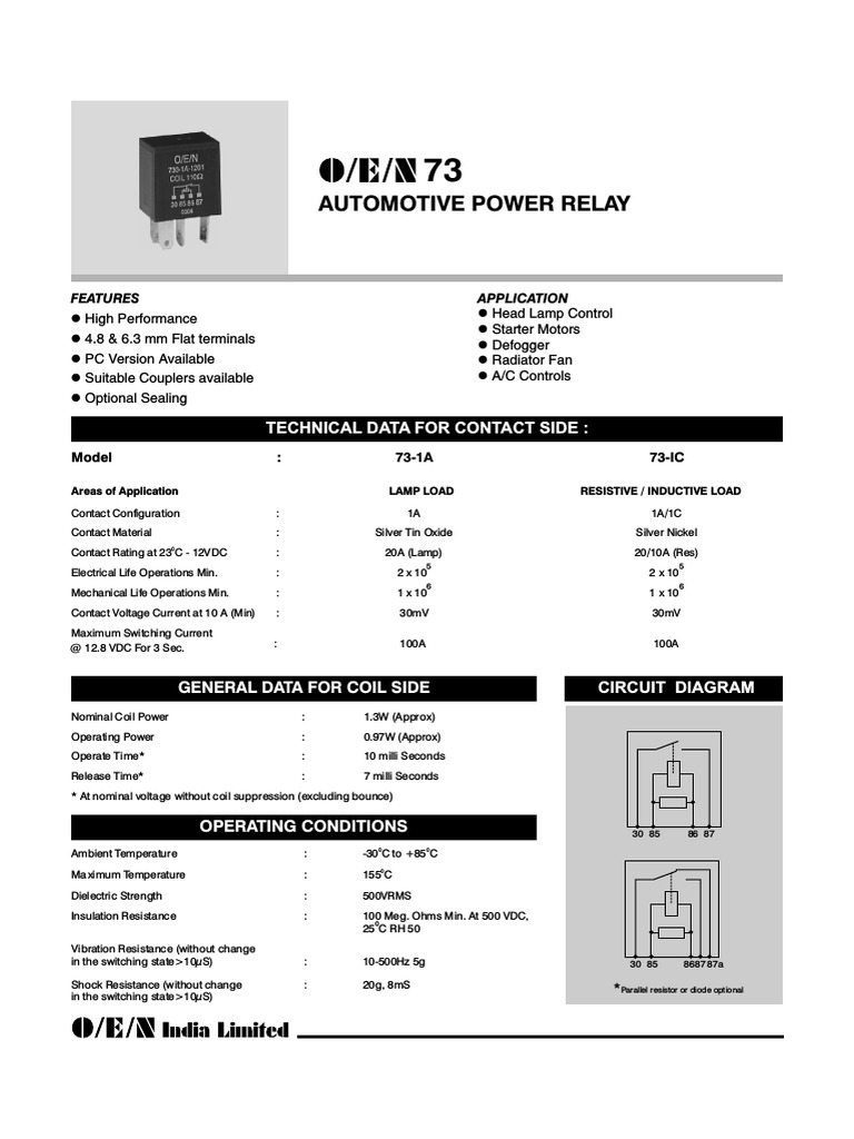 Automotive Power Relay Technical Data For Contact Side PDF