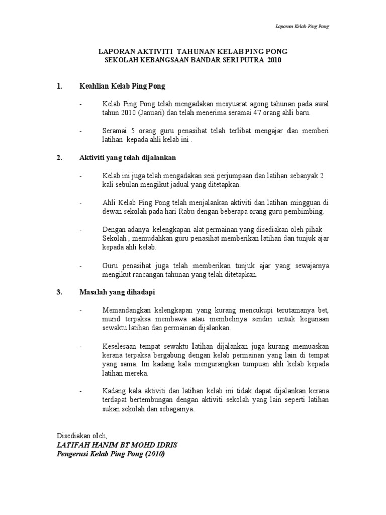 Laporan Aktiviti Tahunan Kelab Ping Pong Pdf