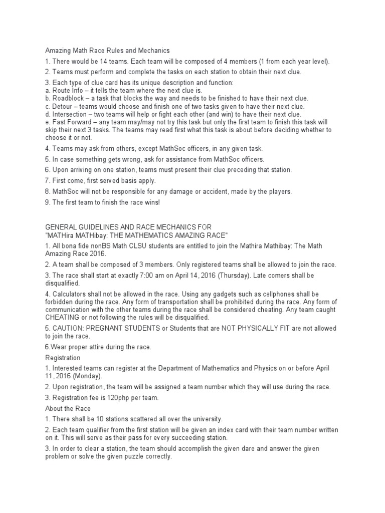 Amazing Math Race Rules and Guidelines | PDF | The Amazing Race ...