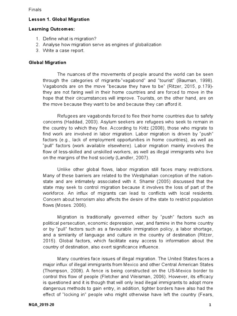 Lesson 1. Global Migration Learning Outcomes | PDF | Immigration ...