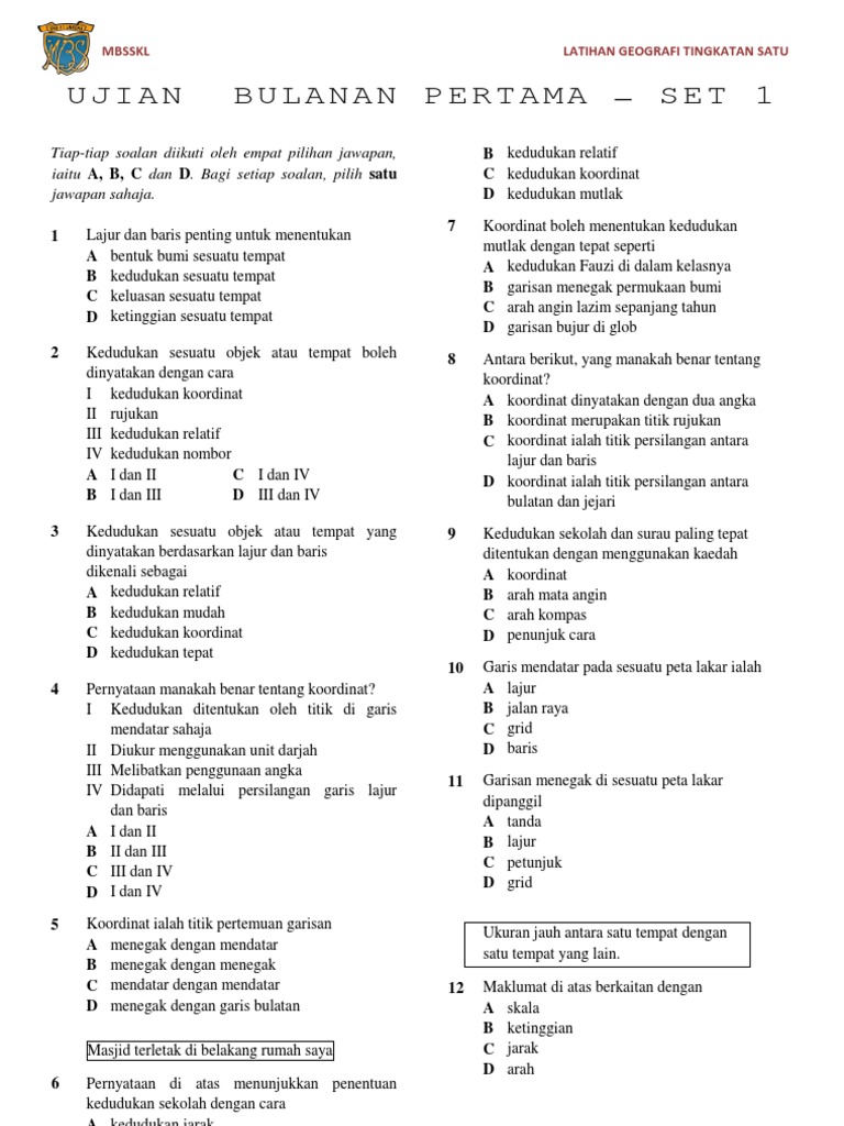 Soalan Objektif Geografi Tingkatan 2 Kssm - Persoalan x