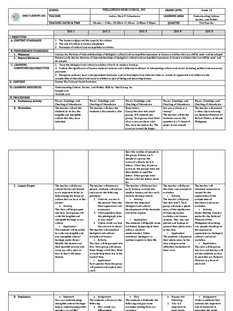 UCSP Lesson Plan: Human Evolution | PDF | Human | Psychological Concepts