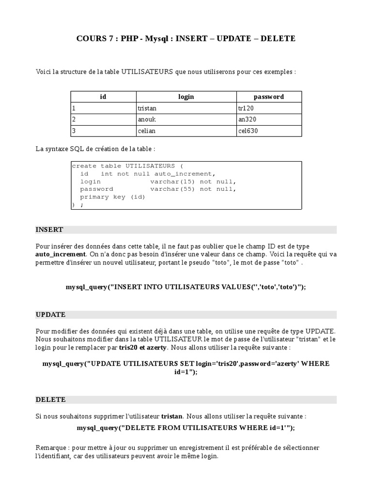 COURS 7: PHP - Mysql: INSERT - UPDATE | PDF | SQL | Données informatiques