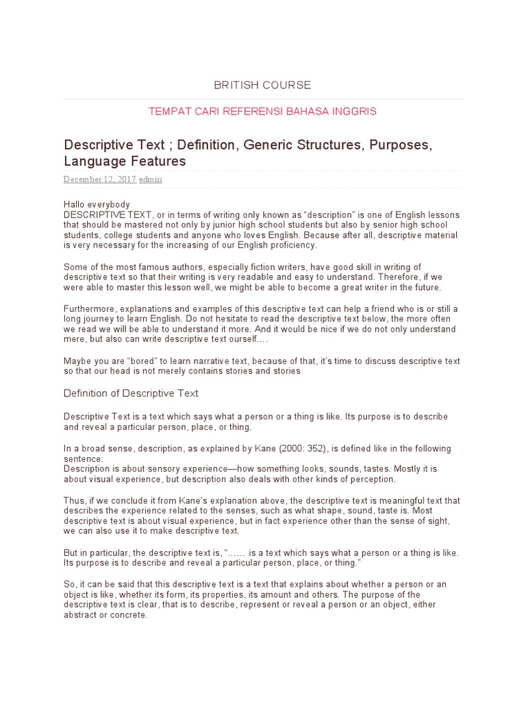 Descriptive Text Definition, Generic Structures, Purposes, Language